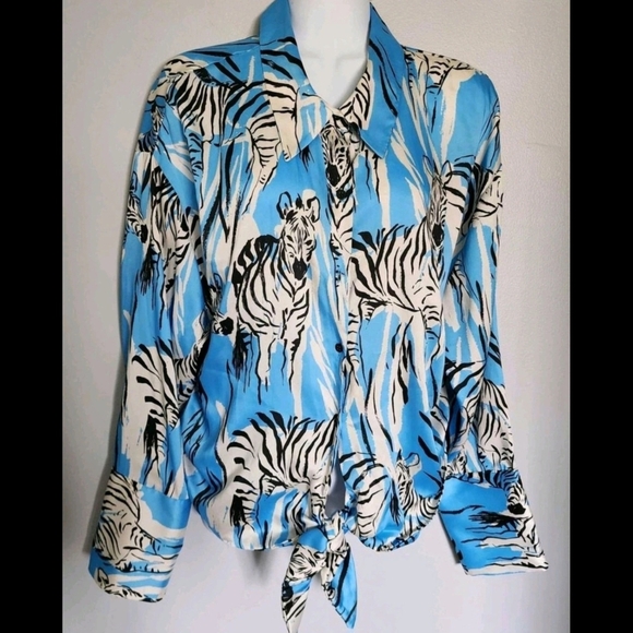 Zara Tops - Zara Blue and Black Zebra-Print Tie-Front Blouse